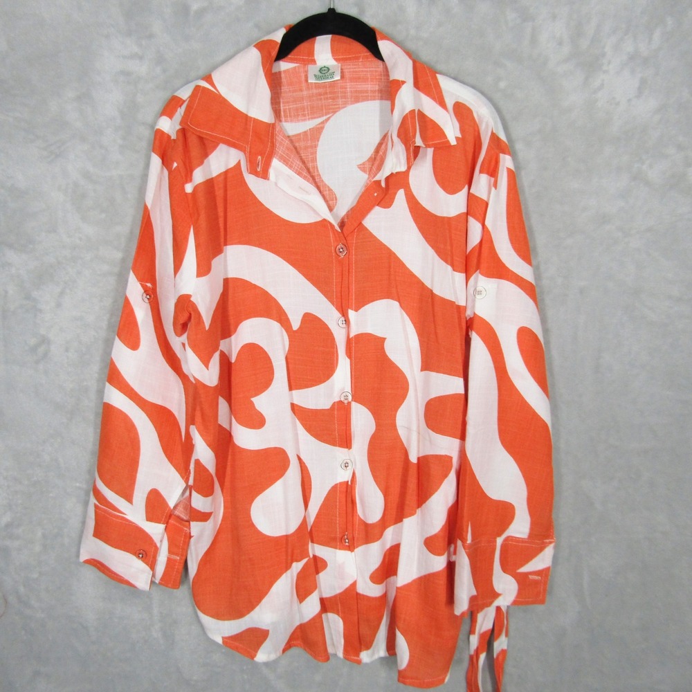 Harerama Overseas Tunic Shirt Large Orange Abstract Swirl Rayon Button Down